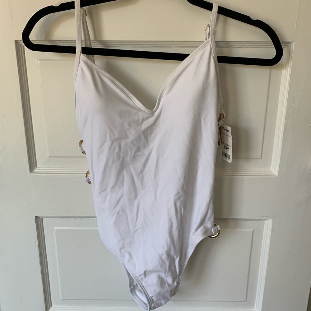 White One Piece Swimsuit with Gold Accents